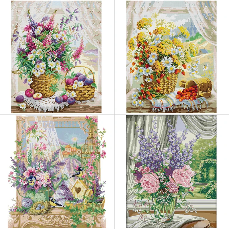 Textile Sewing Patterns - Vensterbank Bloemenmand Bloemenpatronen Kruissteek Aida 14ct
